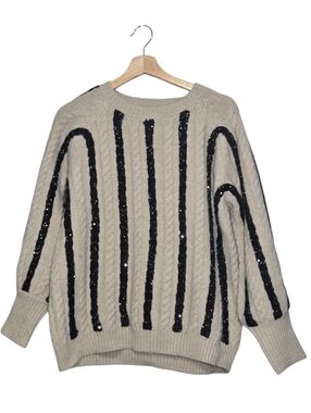 Cristina Paris Beige Cable Knit Sweater with Black Sequin Stripes Womens Size M